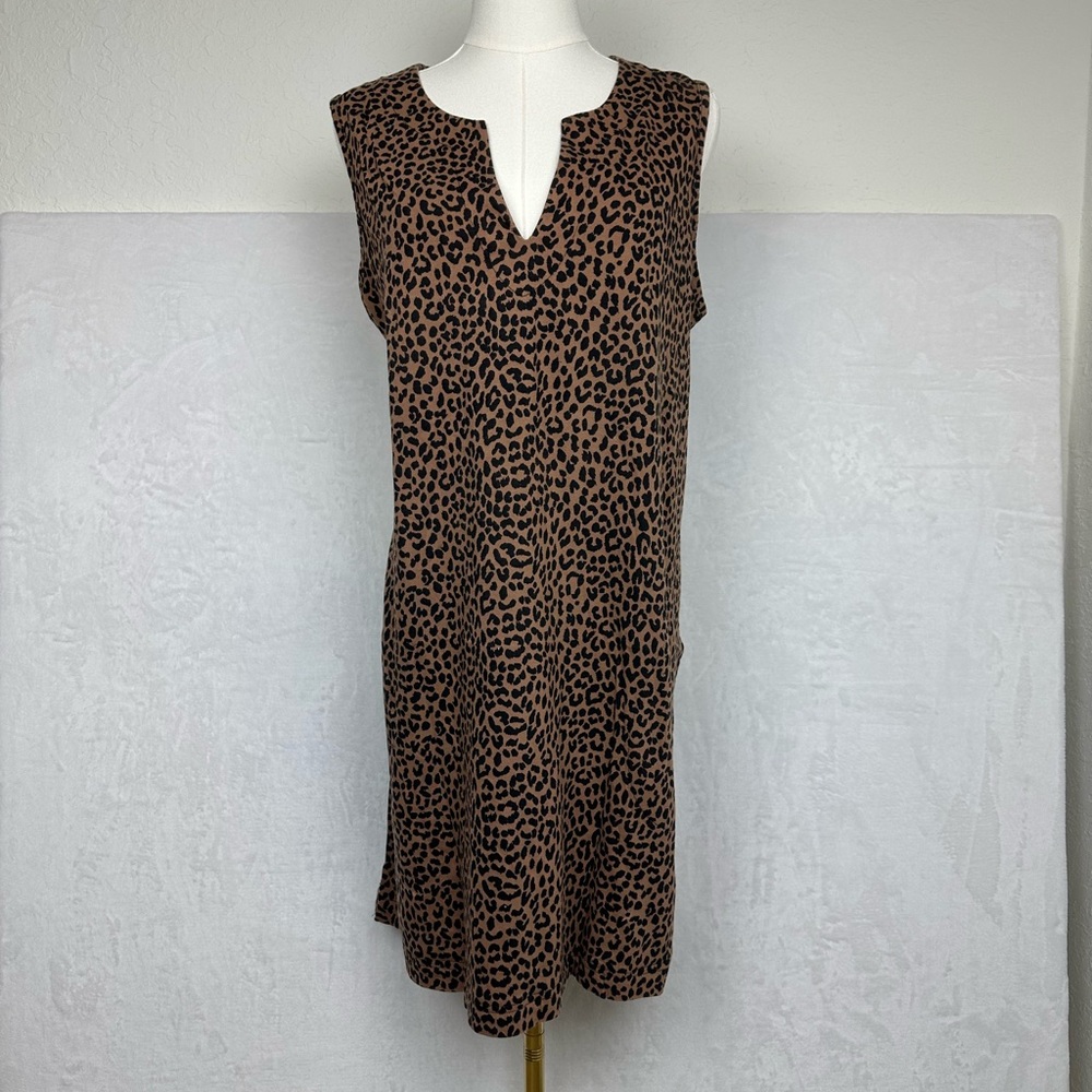 Lands End Dress Womens Leopard Print Knit Shift Notch V Neck Sleeveless Sz Large